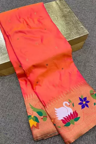 orange banarasi silk blend saree with paithani weaved pallu and blouse