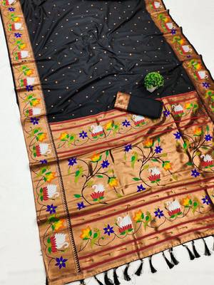 black banarasi silk blend saree with paithani weaved pallu and blouse 1