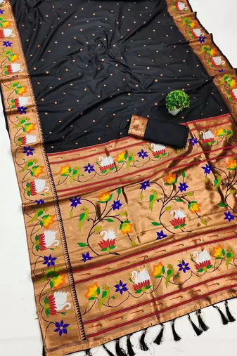 black banarasi silk blend saree with paithani weaved pallu and blouse