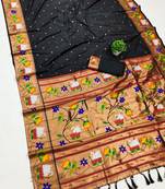 black banarasi silk blend saree with paithani weaved pallu and blouse