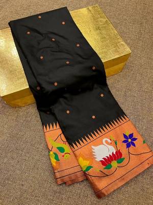 black banarasi silk blend saree with paithani weaved pallu and blouse 2