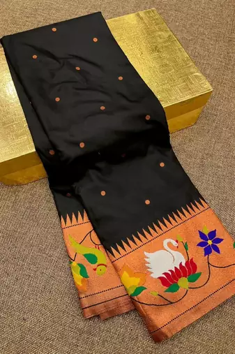 black banarasi silk blend saree with paithani weaved pallu and blouse