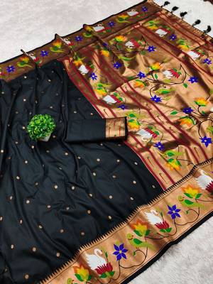 black banarasi silk blend saree with paithani weaved pallu and blouse 3