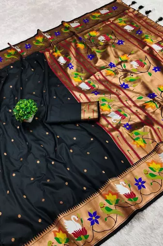 black banarasi silk blend saree with paithani weaved pallu and blouse