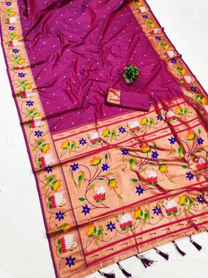 rani pink banarasi silk blend saree with paithani weaved pallu and blouse 1