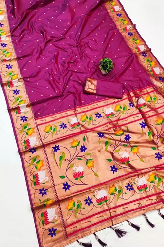 rani pink banarasi silk blend saree with paithani weaved pallu and blouse
