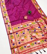 rani pink banarasi silk blend saree with paithani weaved pallu and blouse