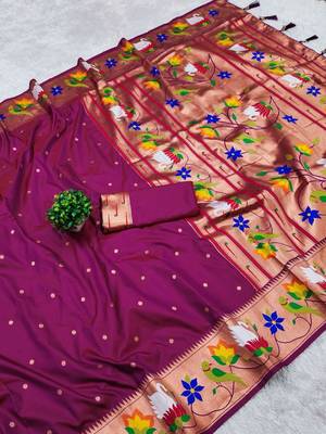 rani pink banarasi silk blend saree with paithani weaved pallu and blouse 2