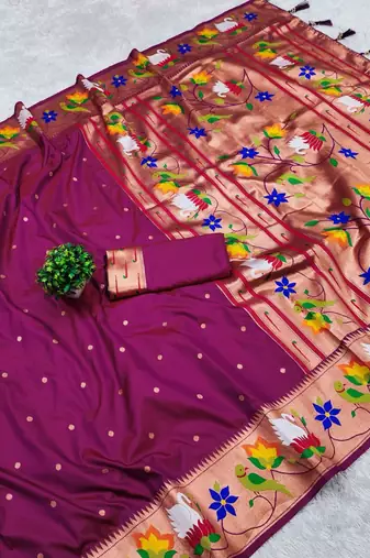 rani pink banarasi silk blend saree with paithani weaved pallu and blouse