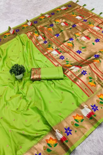 parrot green banarasi silk blend saree with paithani weaved pallu and blouse