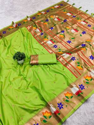 parrot green banarasi silk blend saree with paithani weaved pallu and blouse 2