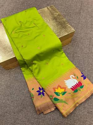 parrot green banarasi silk blend saree with paithani weaved pallu and blouse 3