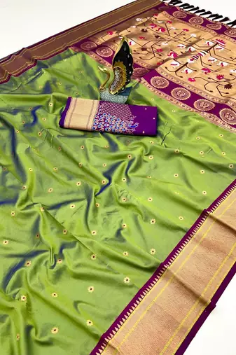 parrot green banarasi silk blend saree with paithani weaved pallu and blouse