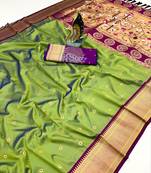 parrot green banarasi silk blend saree with paithani weaved pallu and blouse