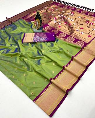 parrot green banarasi silk blend saree with paithani weaved pallu and blouse 2