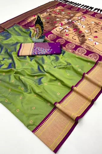 parrot green banarasi silk blend saree with paithani weaved pallu and blouse