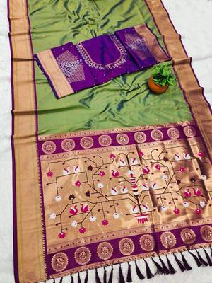 parrot green banarasi silk blend saree with paithani weaved pallu and blouse 3