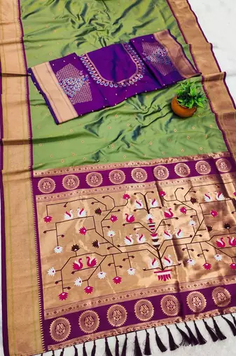 parrot green banarasi silk blend saree with paithani weaved pallu and blouse
