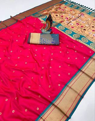 pink banarasi silk blend saree with paithani weaved pallu and blouse 1