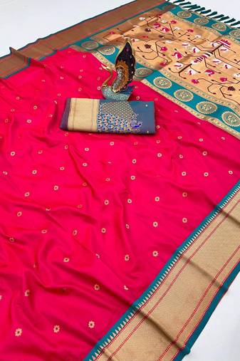 pink banarasi silk blend saree with paithani weaved pallu and blouse