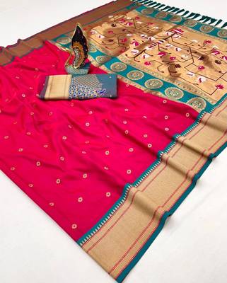 pink banarasi silk blend saree with paithani weaved pallu and blouse 2