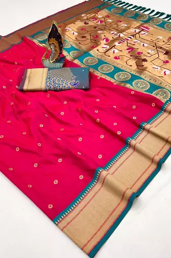 pink banarasi silk blend saree with paithani weaved pallu and blouse