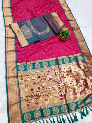 pink banarasi silk blend saree with paithani weaved pallu and blouse 3