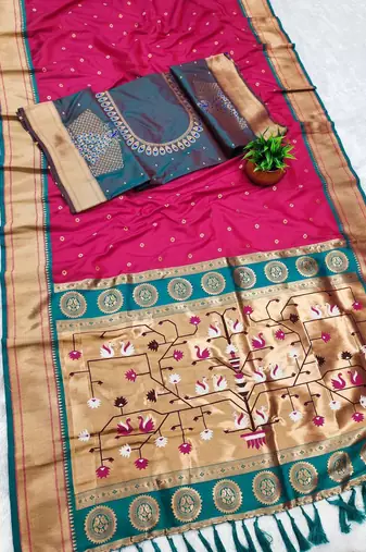 pink banarasi silk blend saree with paithani weaved pallu and blouse