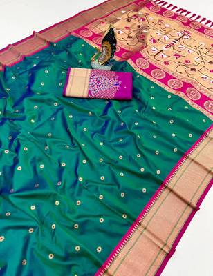 rama green banarasi silk blend saree with paithani weaved pallu and blouse 1