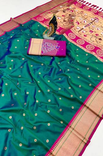 rama green banarasi silk blend saree with paithani weaved pallu and blouse