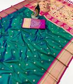 rama green banarasi silk blend saree with paithani weaved pallu and blouse