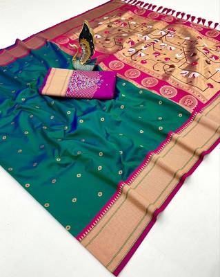 rama green banarasi silk blend saree with paithani weaved pallu and blouse 2