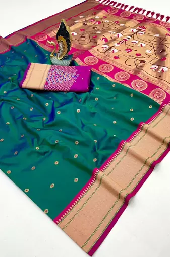 rama green banarasi silk blend saree with paithani weaved pallu and blouse