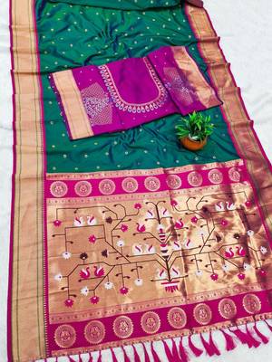 rama green banarasi silk blend saree with paithani weaved pallu and blouse 3