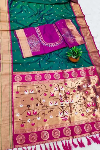 rama green banarasi silk blend saree with paithani weaved pallu and blouse