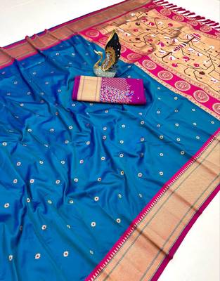 teal blue banarasi silk blend saree with paithani weaved pallu and blouse 1