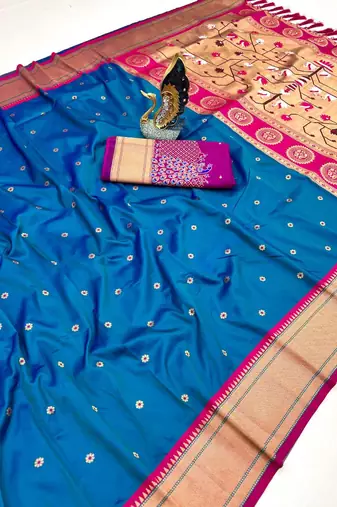 teal blue banarasi silk blend saree with paithani weaved pallu and blouse
