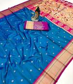 teal blue banarasi silk blend saree with paithani weaved pallu and blouse