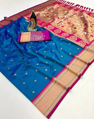 teal blue banarasi silk blend saree with paithani weaved pallu and blouse 2
