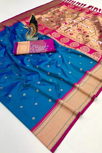 teal blue banarasi silk blend saree with paithani weaved pallu and blouse