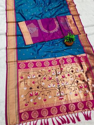 teal blue banarasi silk blend saree with paithani weaved pallu and blouse 3