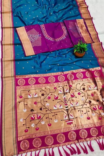 teal blue banarasi silk blend saree with paithani weaved pallu and blouse