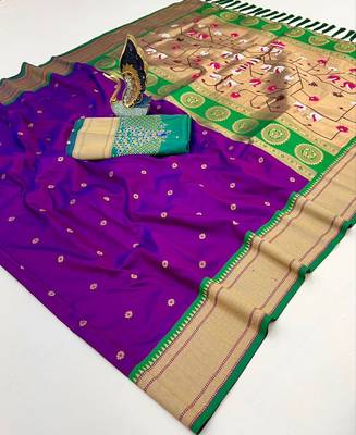 wine banarasi silk blend saree with paithani weaved pallu and blouse 2