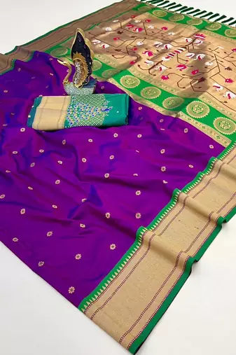 wine banarasi silk blend saree with paithani weaved pallu and blouse