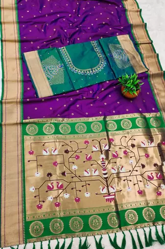 wine banarasi silk blend saree with paithani weaved pallu and blouse