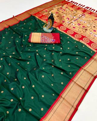 green banarasi silk blend saree with paithani weaved pallu and blouse 1
