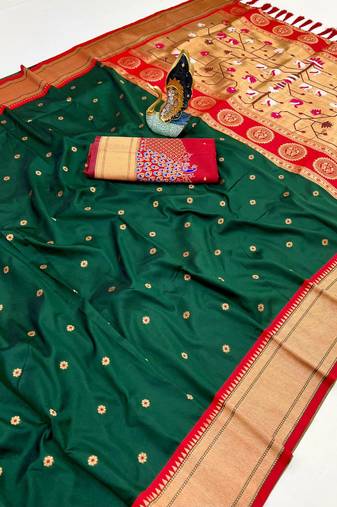 green banarasi silk blend saree with paithani weaved pallu and blouse