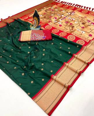 green banarasi silk blend saree with paithani weaved pallu and blouse 2