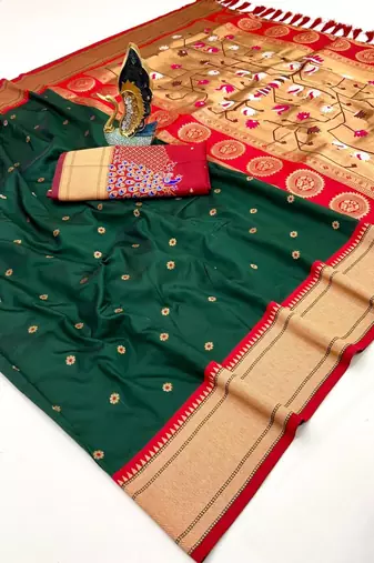 green banarasi silk blend saree with paithani weaved pallu and blouse