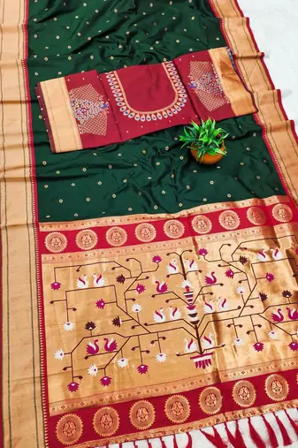 green banarasi silk blend saree with paithani weaved pallu and blouse